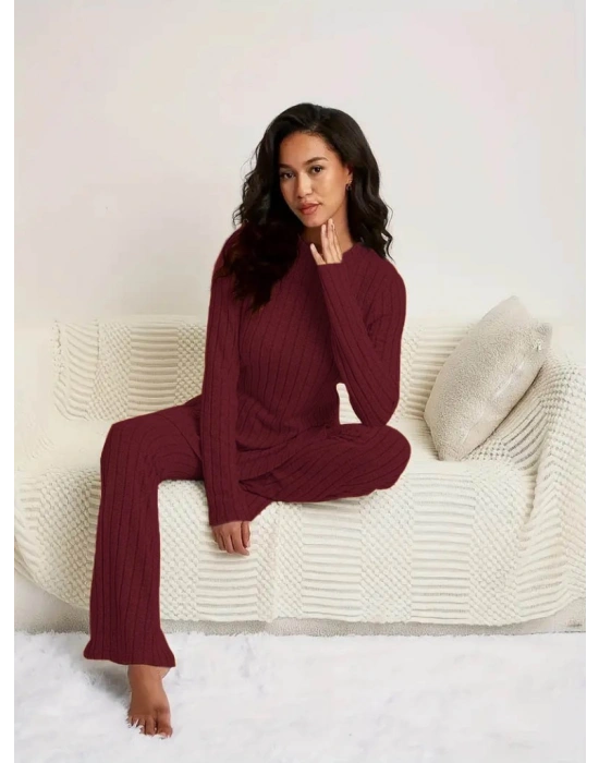 Kadın Uzun Kollu Yuvarlak Yaka Yandan Yırtmaç Detaylı şardonlu Kaşkorse Bluz Ve Pantolon Ikili Takım