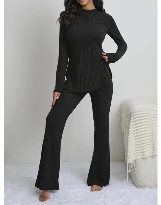Kadın Uzun Kollu Yuvarlak Yaka Yandan Yırtmaç Detaylı şardonlu Kaşkorse Bluz Ve Pantolon Ikili Takım