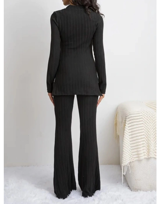 Kadın Uzun Kollu Yuvarlak Yaka Yandan Yırtmaç Detaylı şardonlu Kaşkorse Bluz Ve Pantolon Ikili Takım