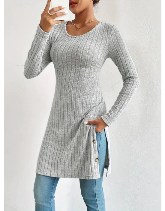 Kadın Uzun Kollu Yuvarlak Yaka Yandan Yırtmaçlı Düğmeli şardonlu Kaşkorse Bluz