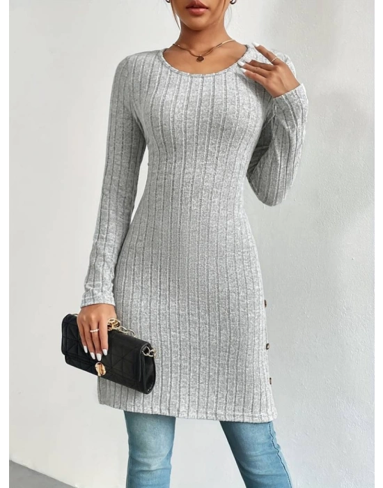 Kadın Uzun Kollu Yuvarlak Yaka Yandan Yırtmaçlı Düğmeli şardonlu Kaşkorse Bluz