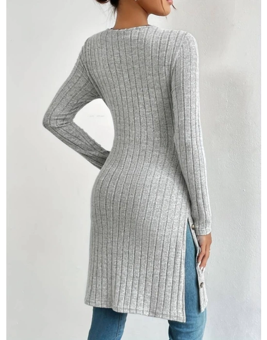 Kadın Uzun Kollu Yuvarlak Yaka Yandan Yırtmaçlı Düğmeli şardonlu Kaşkorse Bluz