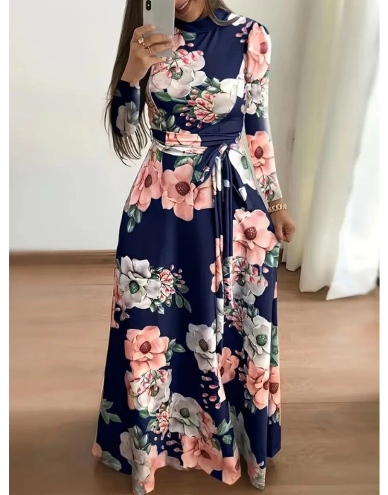 Kadın Uzun Kollu Yuvarlak Yakalı Beli Kuşaklı Desenli Süprem Uzun Elbise