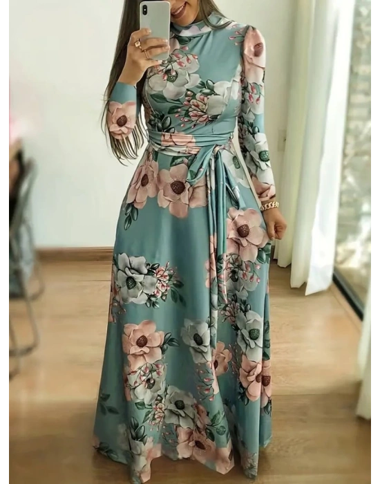 Kadın Uzun Kollu Yuvarlak Yakalı Beli Kuşaklı Desenli Süprem Uzun Elbise