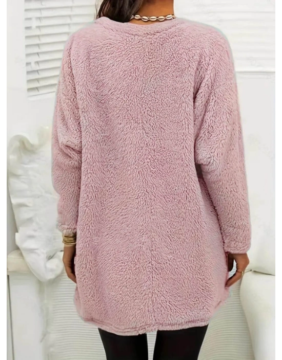 Kadın Uzun Kollu Yuvarlak Yakalı Cepli Peluş Bluz