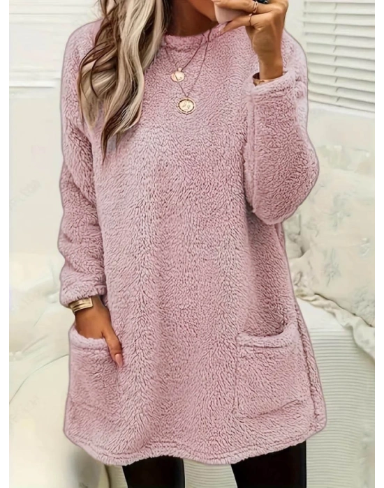 Kadın Uzun Kollu Yuvarlak Yakalı Cepli Peluş Bluz