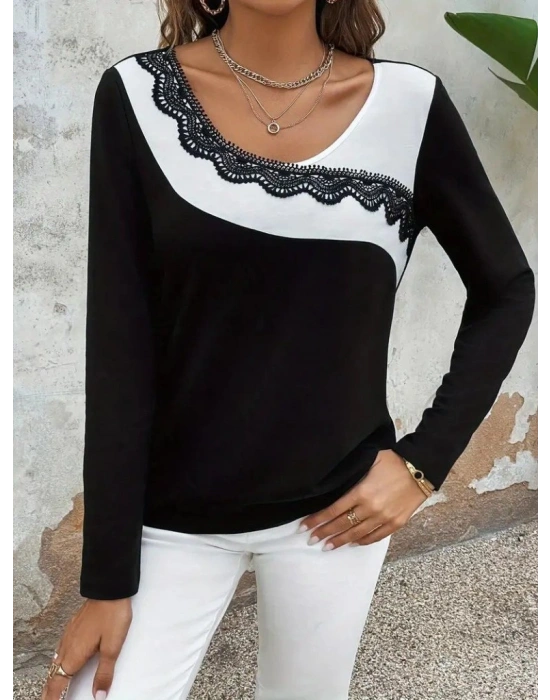 Kadın Uzun Kollu Yuvarlak Yakalı çift Renkli Dantel Detaylı Viskon Bluz