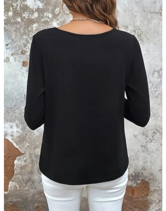 Kadın Uzun Kollu Yuvarlak Yakalı çift Renkli Dantel Detaylı Viskon Bluz