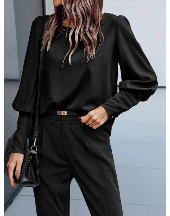 Kadın Uzun Kollu Yuvarlak Yakalı Düğmeli Ithal Krep Bluz