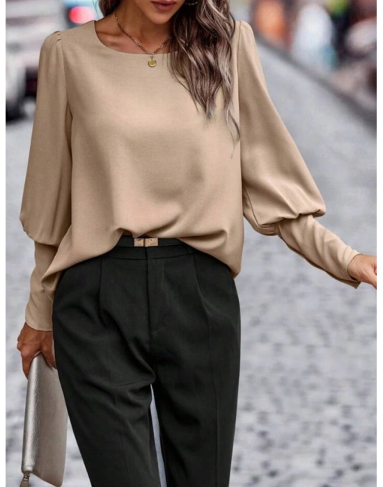 Kadın Uzun Kollu Yuvarlak Yakalı Düğmeli Ithal Krep Bluz