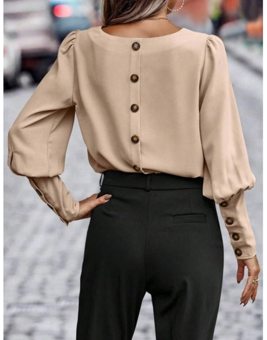 Kadın Uzun Kollu Yuvarlak Yakalı Düğmeli Ithal Krep Bluz
