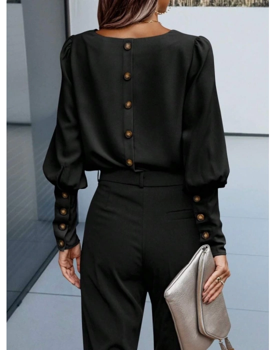 Kadın Uzun Kollu Yuvarlak Yakalı Düğmeli Ithal Krep Bluz