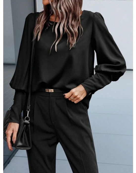 Kadın Uzun Kollu Yuvarlak Yakalı Düğmeli Ithal Krep Bluz