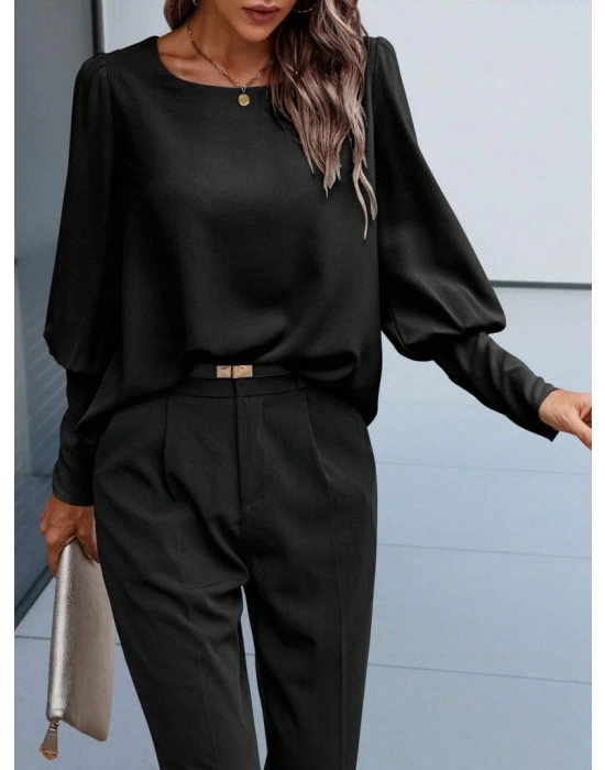 Kadın Uzun Kollu Yuvarlak Yakalı Düğmeli Ithal Krep Bluz