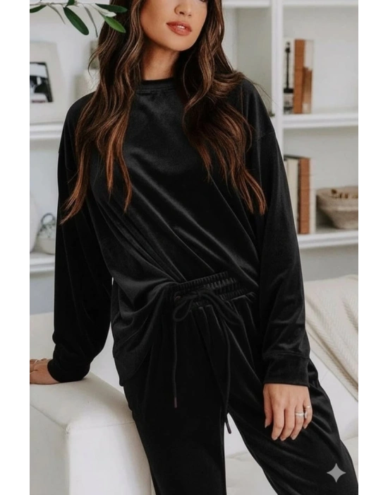 Kadın Uzun Kollu Yuvarlak Yakalı Kadife Bluz Ve Pantolon Takım