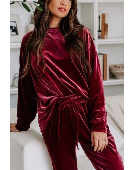 Kadın Uzun Kollu Yuvarlak Yakalı Kadife Bluz Ve Pantolon Takım