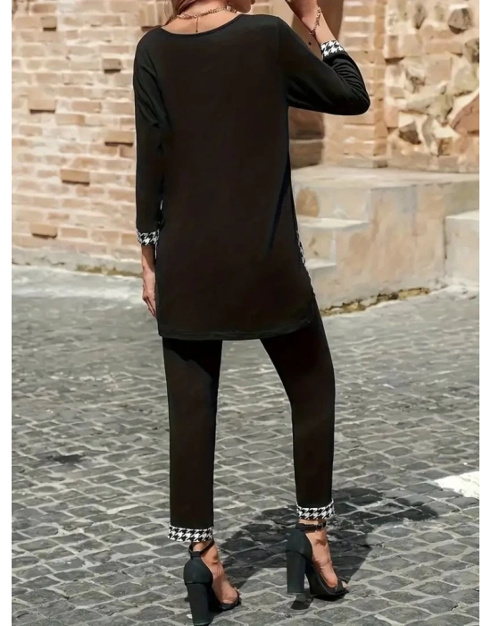 Kadın Uzun Kollu Yuvarlak Yakalı Kaz Ayağı Detaylı Viskon Iki Iplik Bluz Ve Pantolon Ikili Takım