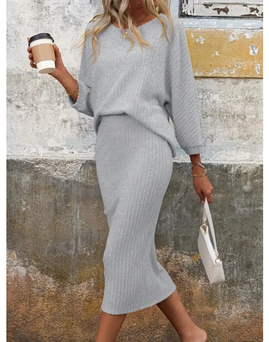 Kadın Uzun Kollu Yuvarlak Yakalı şardonlu Kaşkorse Bluz Ve Etek Ikili Takım