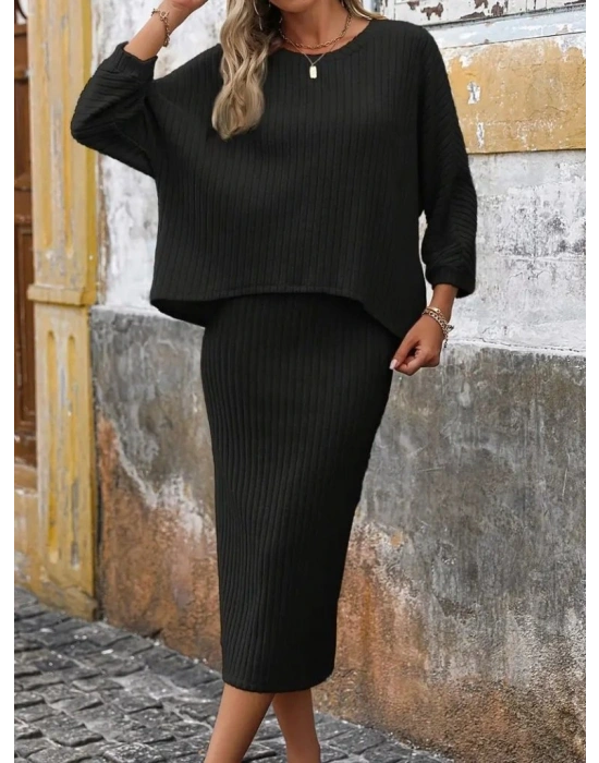 Kadın Uzun Kollu Yuvarlak Yakalı şardonlu Kaşkorse Bluz Ve Etek Ikili Takım