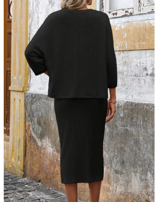 Kadın Uzun Kollu Yuvarlak Yakalı şardonlu Kaşkorse Bluz Ve Etek Ikili Takım