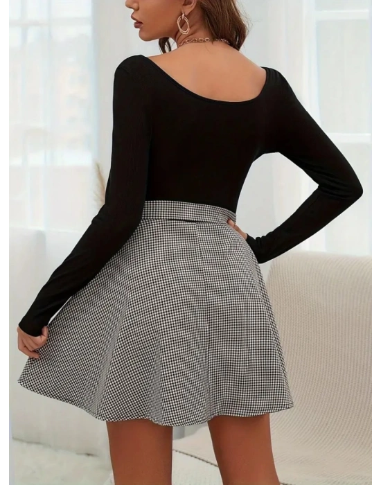 Kadın Uzun Kollu Yuvarlak Yakalı üst Viskon Alt Ekoseli Kosa Elbise