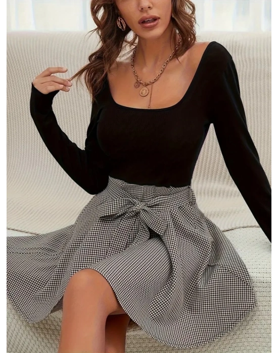 Kadın Uzun Kollu Yuvarlak Yakalı üst Viskon Alt Ekoseli Kosa Elbise