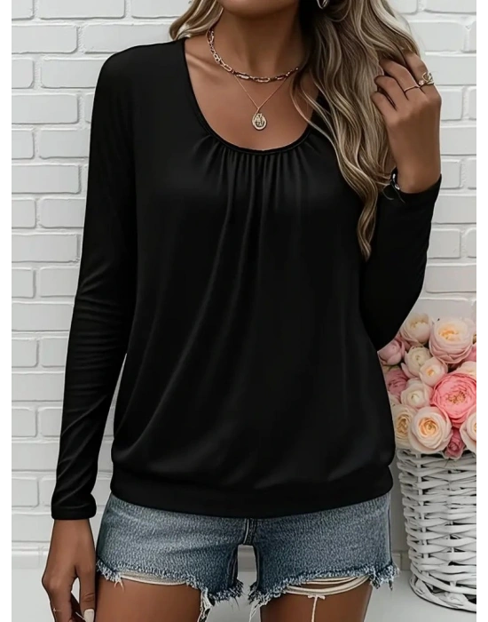 Kadın Uzun Kollu Yuvarlak Yakalı Viskon Bluz