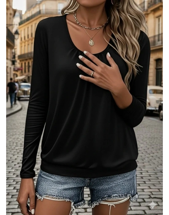 Kadın Uzun Kollu Yuvarlak Yakalı Viskon Bluz