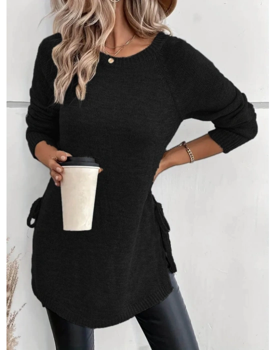 Kadın Uzun Kollu Yuvarlak Yakalı Yanlardan Bağcıklı Triko Bluz