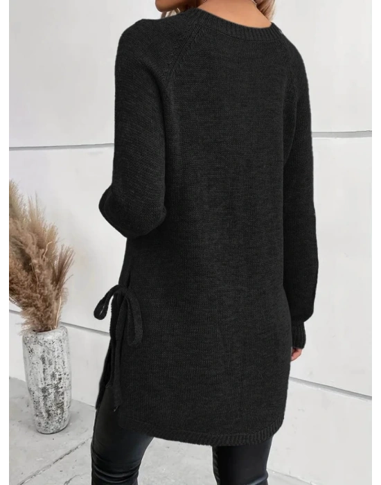 Kadın Uzun Kollu Yuvarlak Yakalı Yanlardan Bağcıklı Triko Bluz