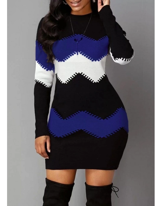 Kadın Uzun Kollu Zigzag Desen Triko Elbise