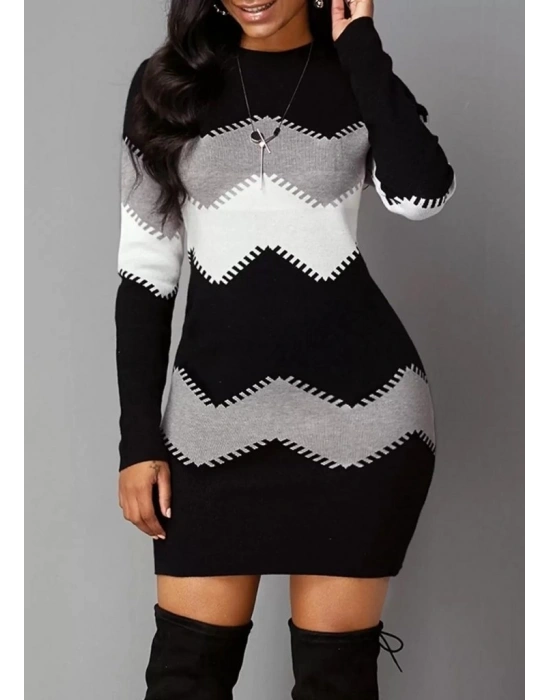 Kadın Uzun Kollu Zigzag Desen Triko Elbise