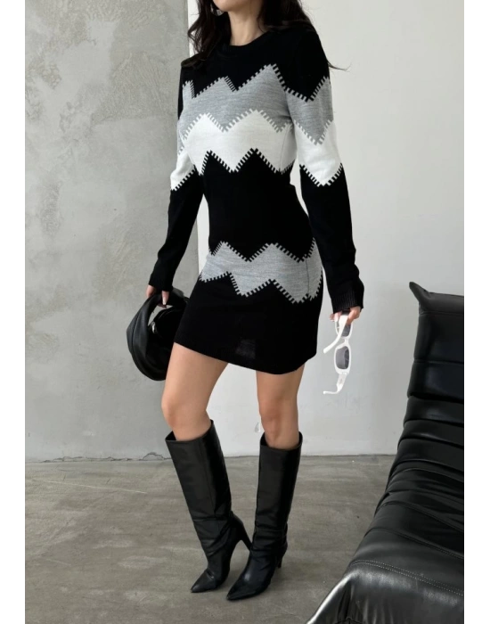 Kadın Uzun Kollu Zigzag Desen Triko Elbise