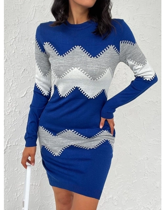 Kadın Uzun Kollu Zigzag Desen Triko Elbise