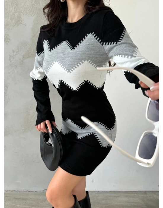 Kadın Uzun Kollu Zigzag Desen Triko Elbise