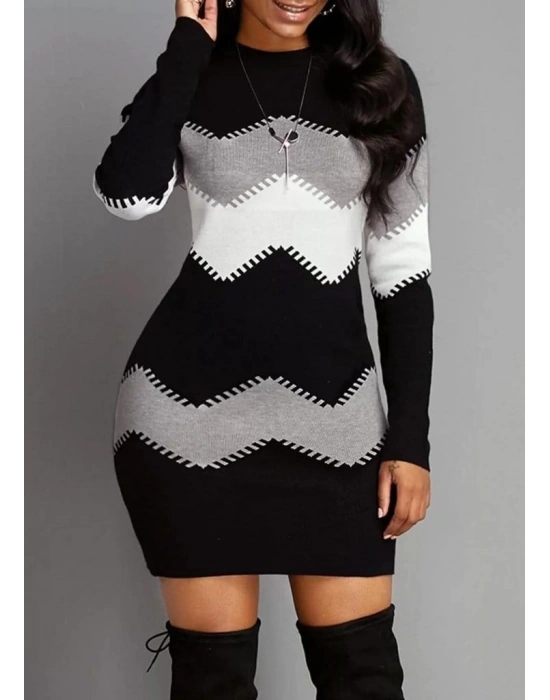 Kadın Uzun Kollu Zigzag Desen Triko Elbise