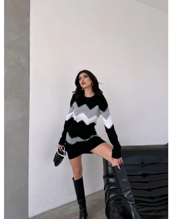 Kadın Uzun Kollu Zigzag Desen Triko Elbise
