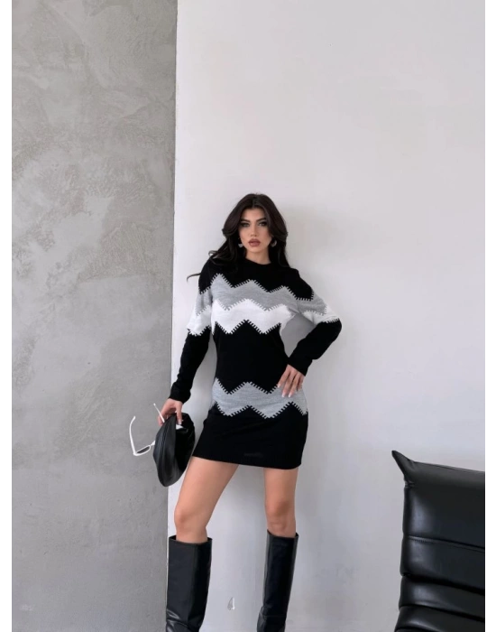 Kadın Uzun Kollu Zigzag Desen Triko Elbise