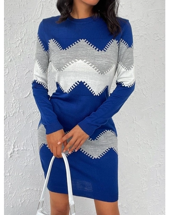 Kadın Uzun Kollu Zigzag Desen Triko Elbise