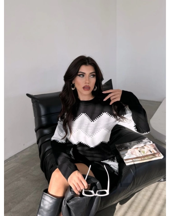 Kadın Uzun Kollu Zigzag Desen Triko Elbise