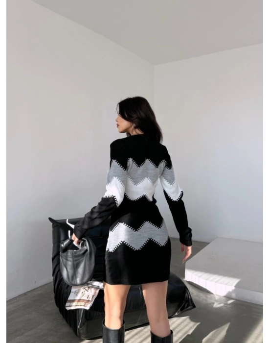 Kadın Uzun Kollu Zigzag Desen Triko Elbise