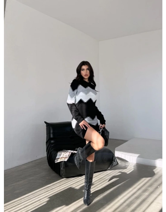 Kadın Uzun Kollu Zigzag Desen Triko Elbise