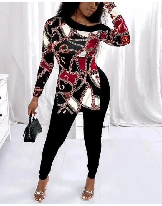 Kadın Uzun Kollu Zincir Desen Tek Omuz Düşük Mikro Bluz