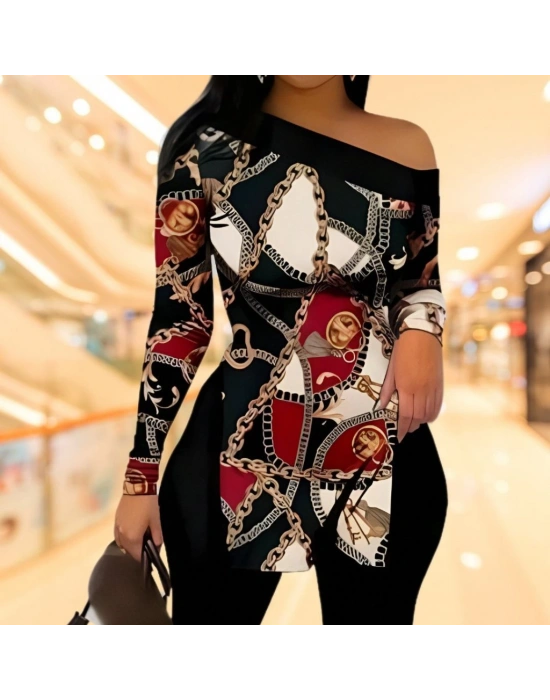 Kadın Uzun Kollu Zincir Desen Tek Omuz Düşük Mikro Bluz