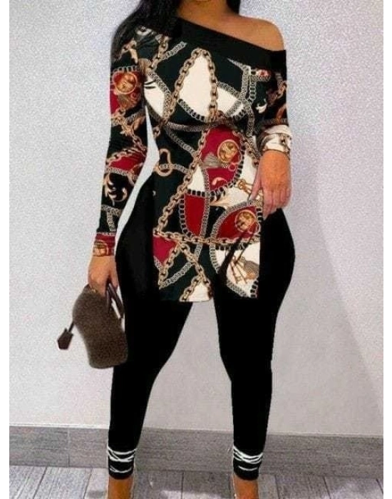 Kadın Uzun Kollu Zincir Desen Tek Omuz Düşük Mikro Bluz