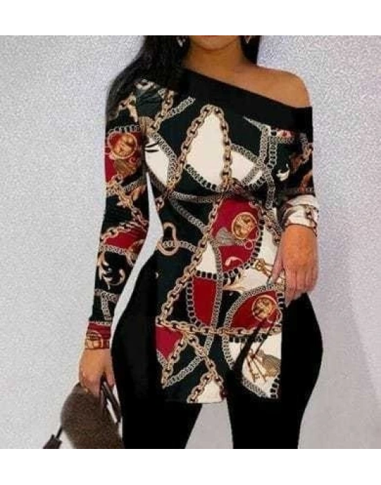 Kadın Uzun Kollu Zincir Desen Tek Omuz Düşük Mikro Bluz