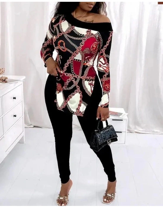 Kadın Uzun Kollu Zincir Desen Tek Omuz Düşük Mikro Bluz