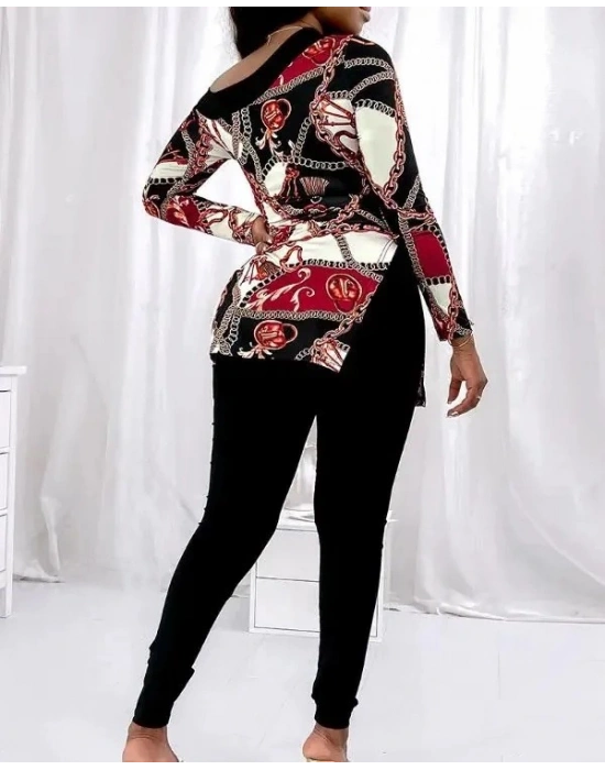 Kadın Uzun Kollu Zincir Desen Tek Omuz Düşük Mikro Bluz