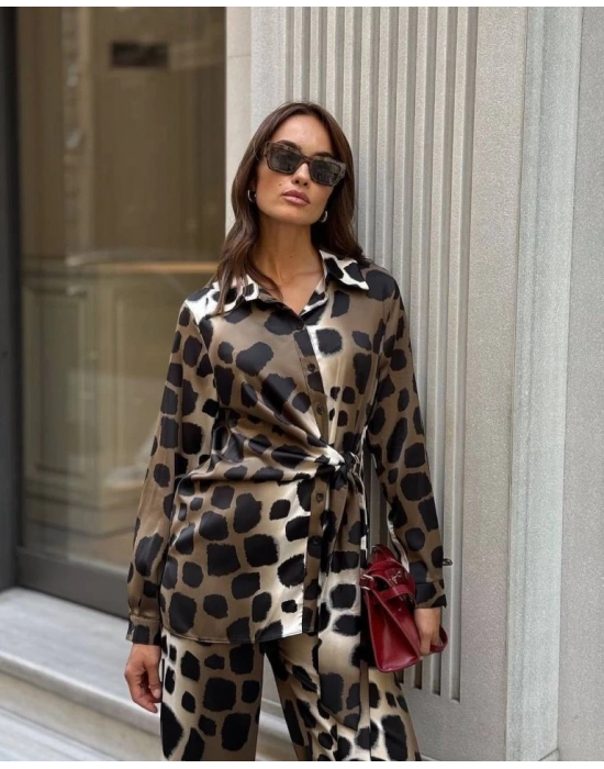 Kadın Uzun Kolluleopar Baskılı Saten Kumaş Ikili Takım