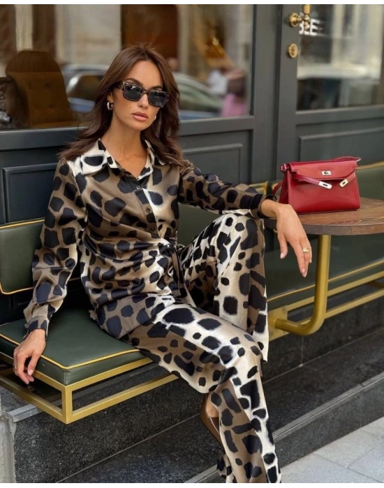 Kadın Uzun Kolluleopar Baskılı Saten Kumaş Ikili Takım